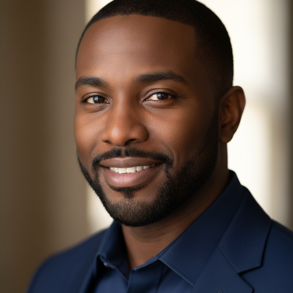 Professional headshot of Feygin Englewood, African American man with short beard wearing blue shirt smiling warmly
