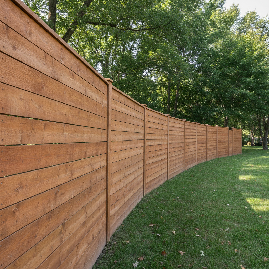 Tall cedar privacy fence wrapping around the corner of an Oakville property with mature trees