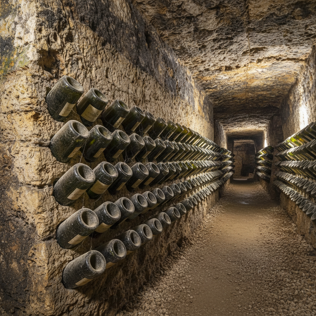 Champagne bottles resting at precise angles in ancient Tufa limestone riddling racks in a chalk cave cellar, dimly lit
