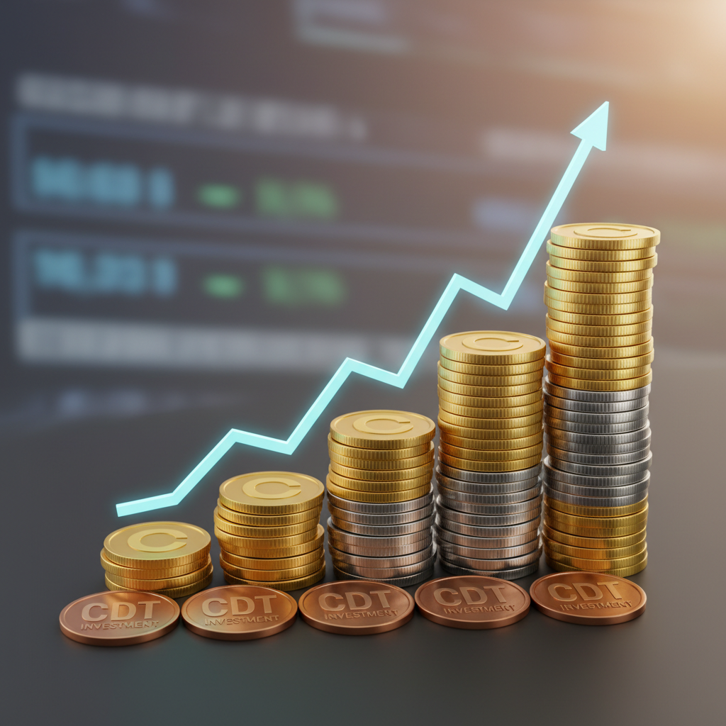 Gráfica de crecimiento financiero con monedas apiladas representando inversión en CDT