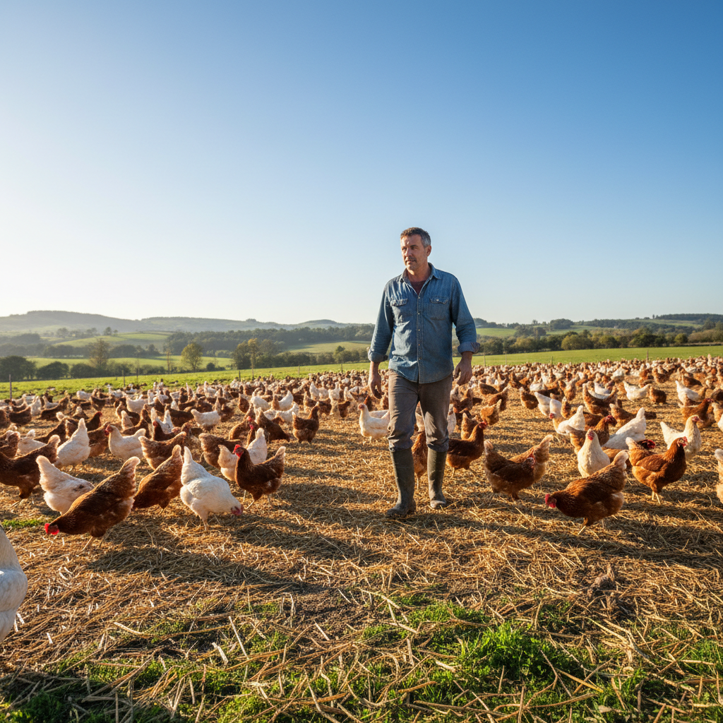 Free-range chickens on green farm, daytime, healthy poultry in natural setting