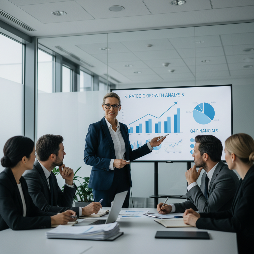 Financial advisor presenting strategic analysis to business team