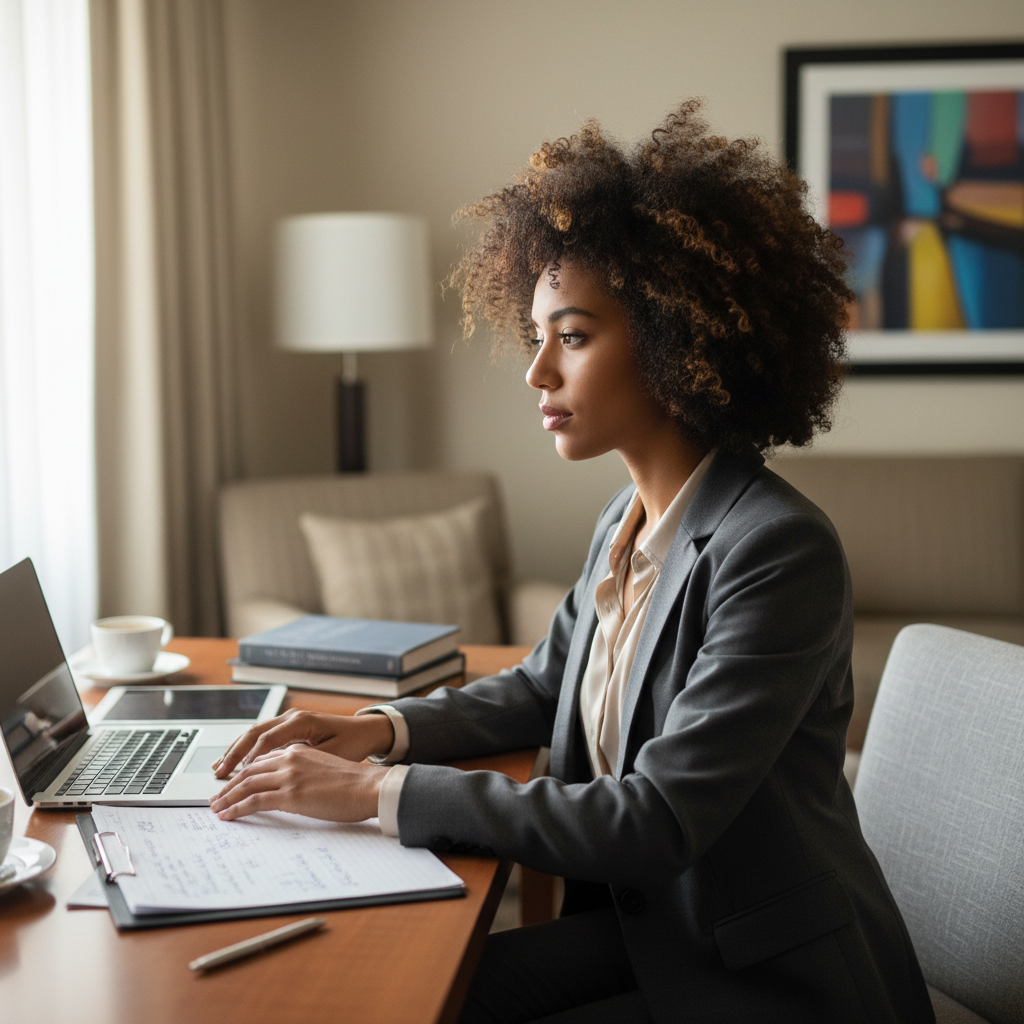 Diane before styling, natural hair at a hotel room desk before a board meeting