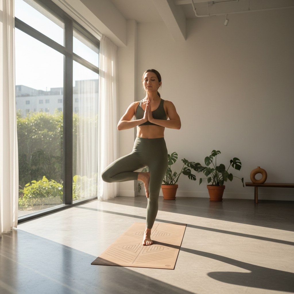 Woman in yoga pose on premium mat with calm natural light