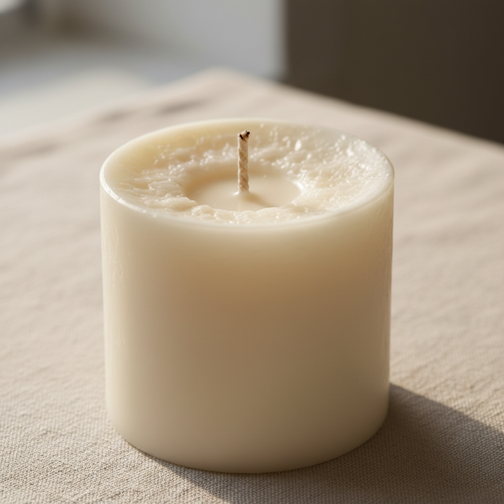 Close-up of a cream-colored hand-poured soy candle with a cotton wick on a linen surface