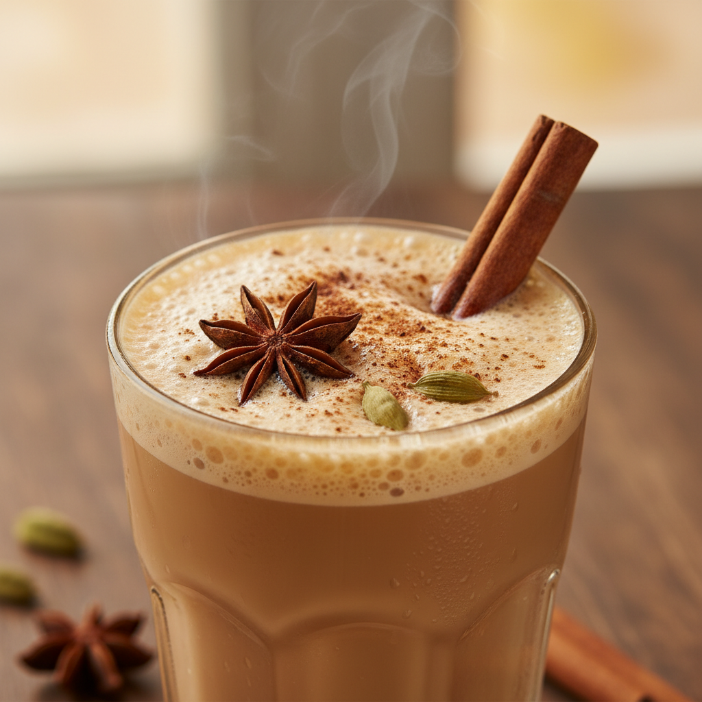 Steaming masala chai in a glass cup with cinnamon stick and star anise on a wooden coaster