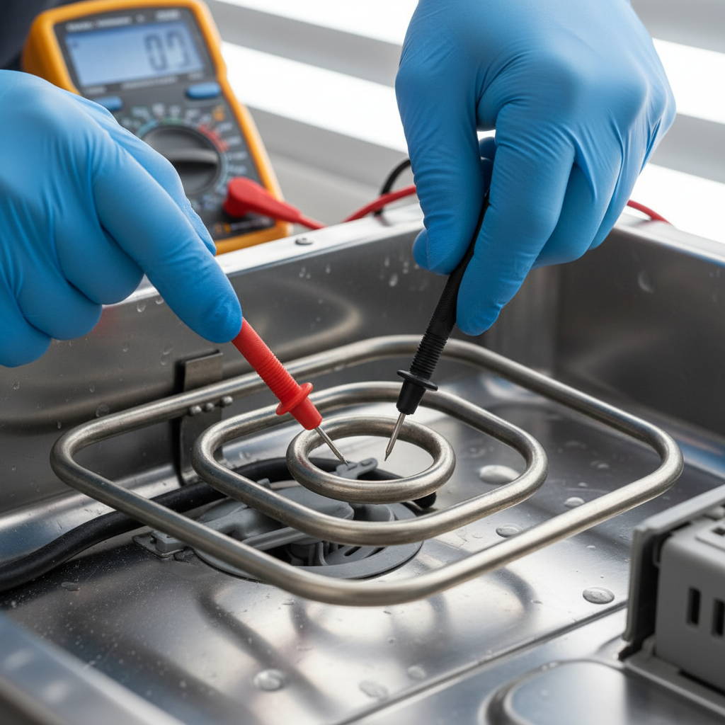 Technician hands holding multimeter probes testing dishwasher heating element under overhead work light