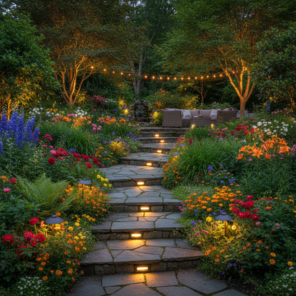 Lush backyard garden with layered planting beds, stone steps, and evening garden lighting creating warm pools of light