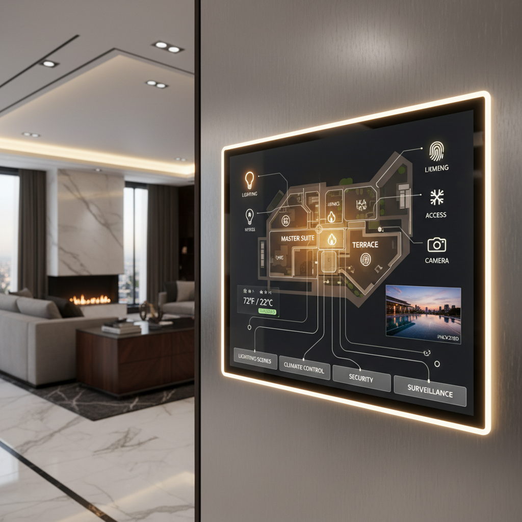 Smart home control panel on wall with tablet showing automation interface, bright modern interior