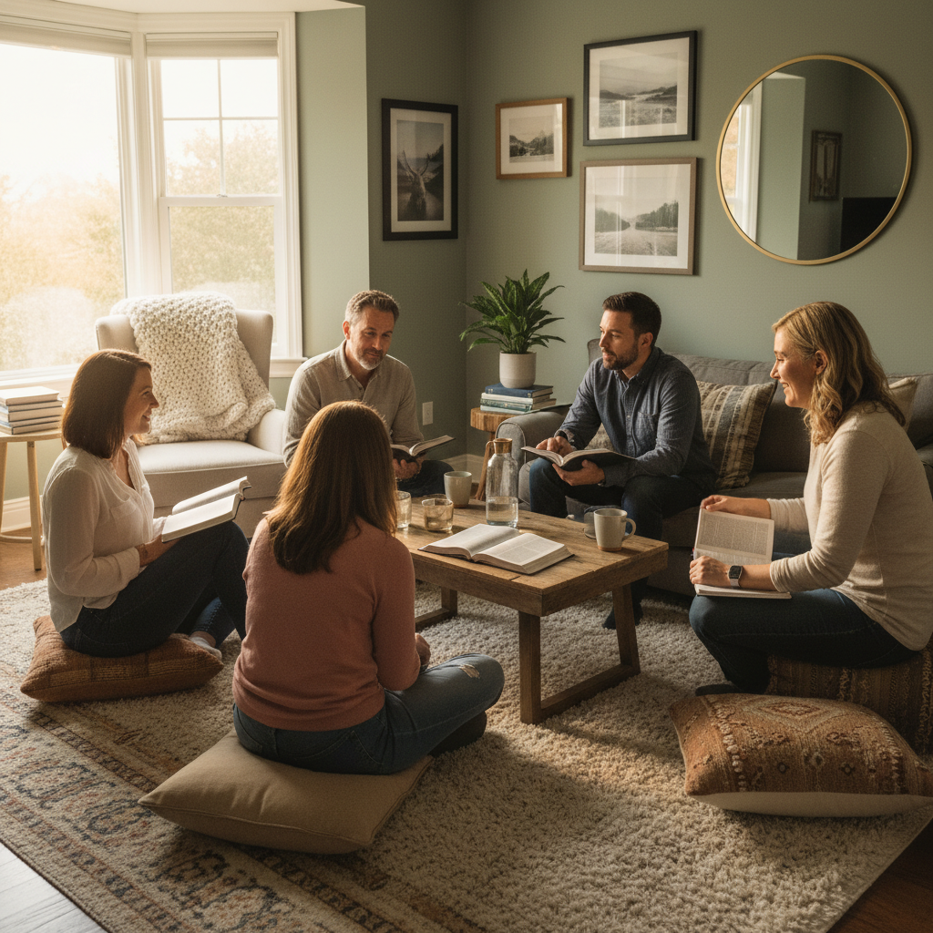 Small group gathered in cozy living room with Bibles open, warm intimate atmosphere