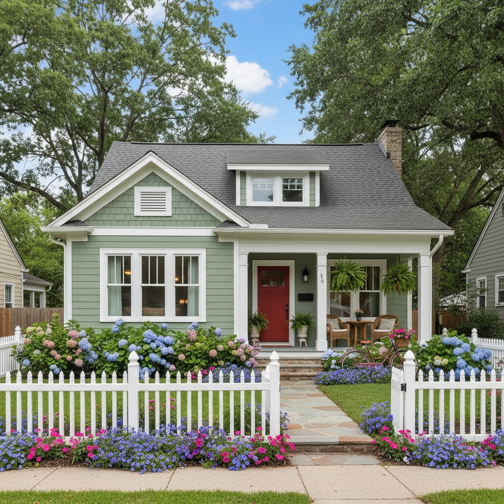 Single-storey bungalow with wide frontage, bright daytime, clean suburban street, well-lit garden