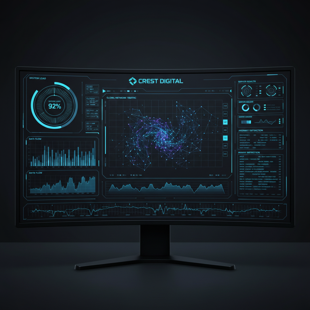 Abstract data visualization with glowing purple and blue metric lines representing monitoring and observability dashboards