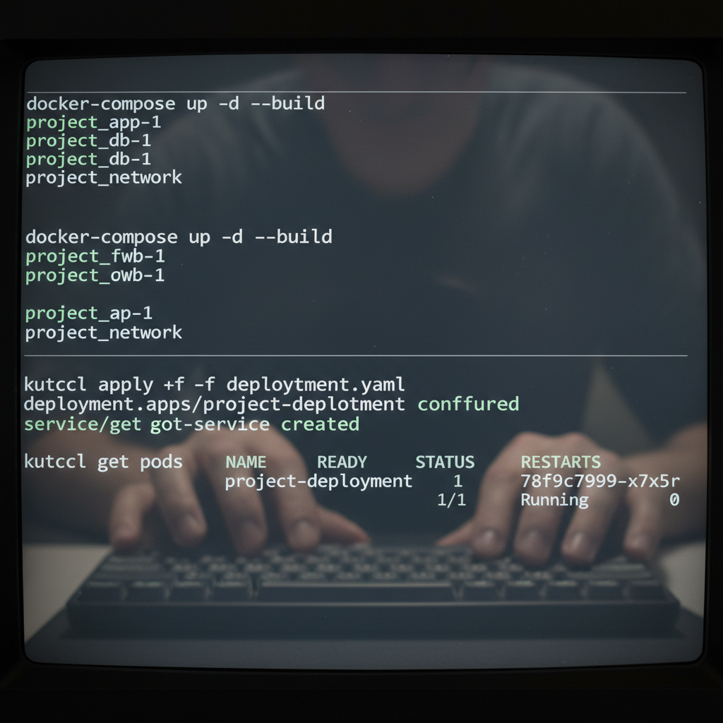 Terminal con comandos kubectl y panel de Kubernetes mostrando pods y deployments