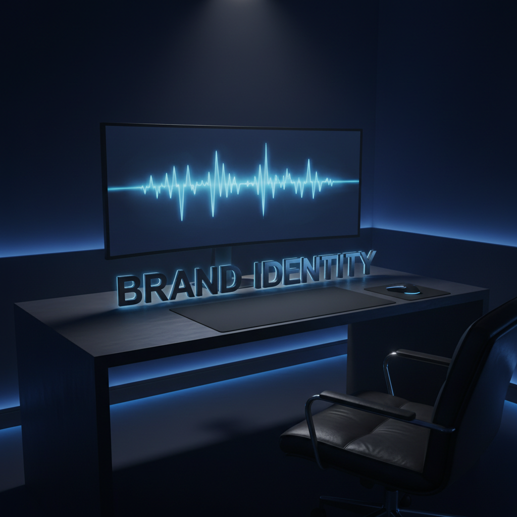Professional branding materials spread on dark desk with moody dramatic lighting and deep shadows