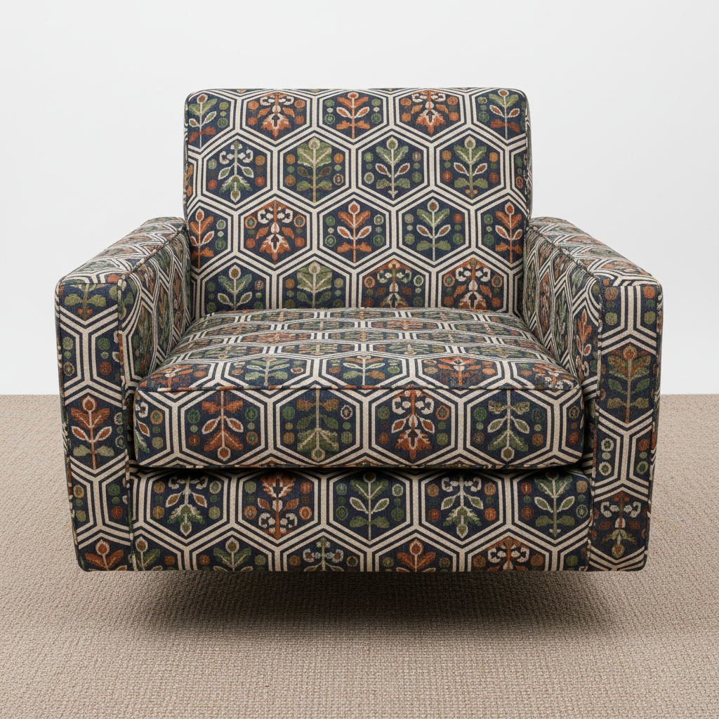 Armchair upholstered with custom patterned fabric showing precise pattern matching at seams