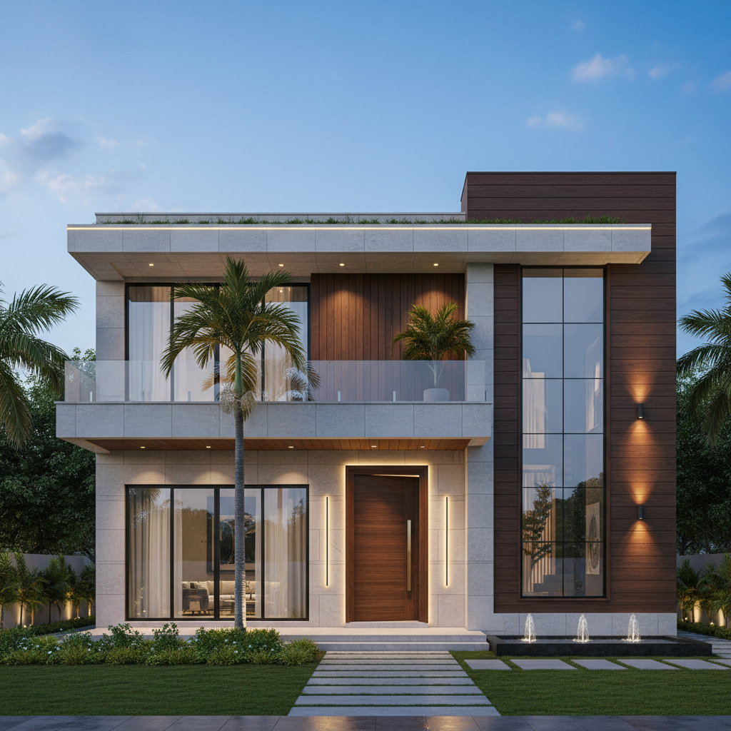 Modern Florida home exterior with architectural details and landscaped front yard under bright sunshine