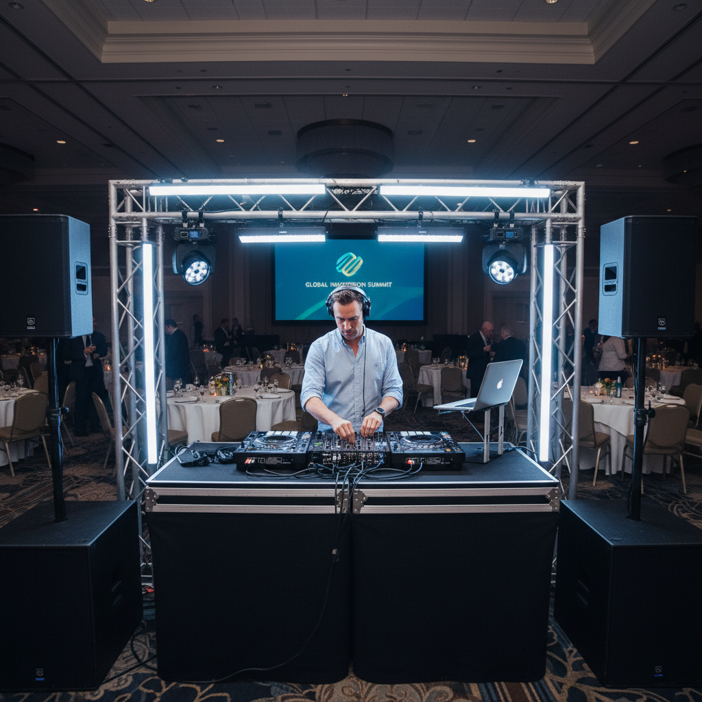 Generic DJ booth at a corporate event with basic lighting