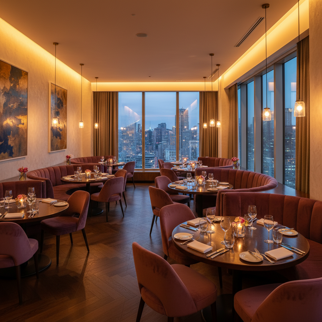 Elegant fine dining interior at Kaly Restaurant with warm lighting, plush seating, and city views from 7th floor