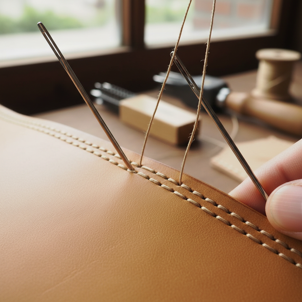 Close-up of saddle stitching technique with two needles through vegetable-tanned leather