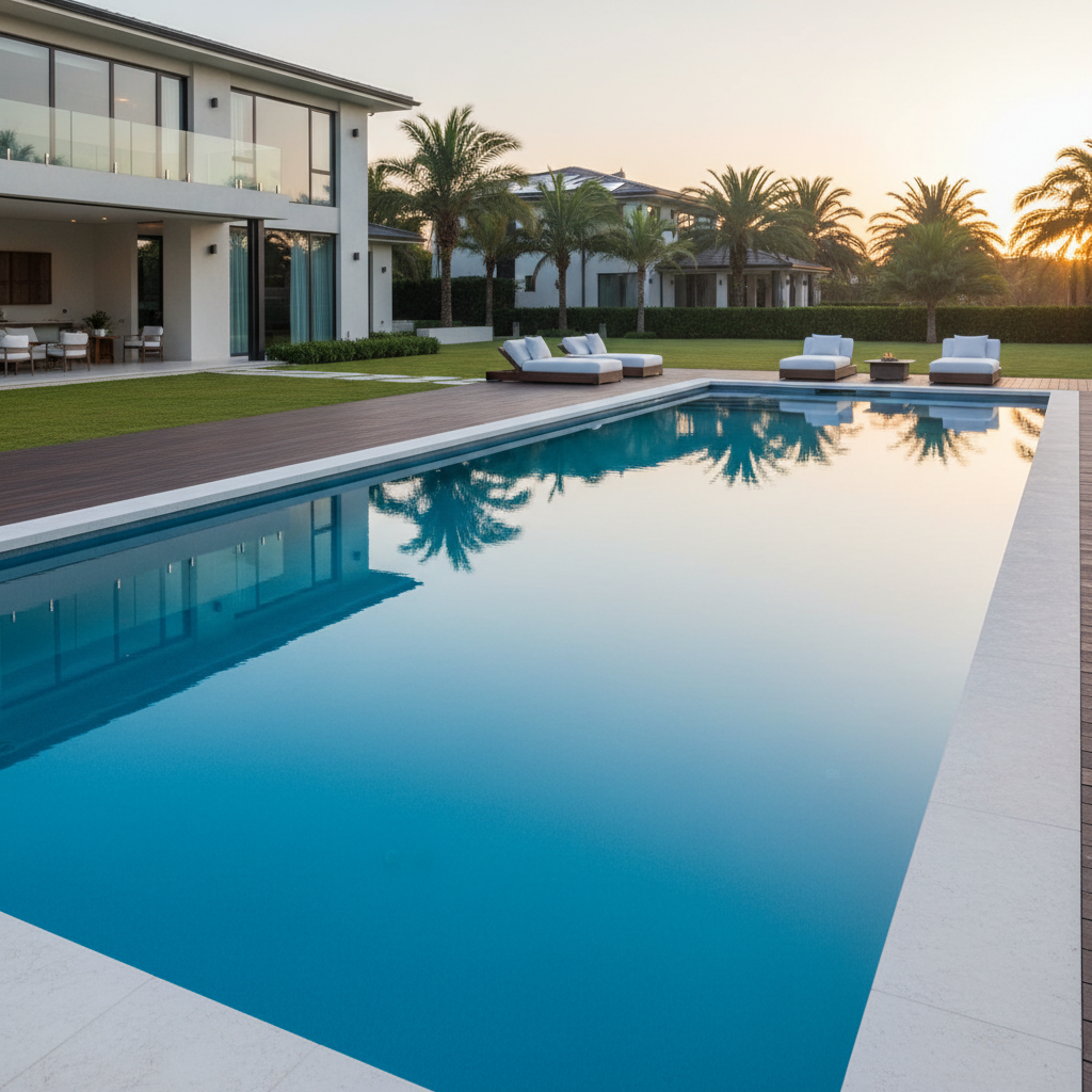 Pristine residential swimming pool with crystal clear blue water in a luxury Houston backyard at dawn