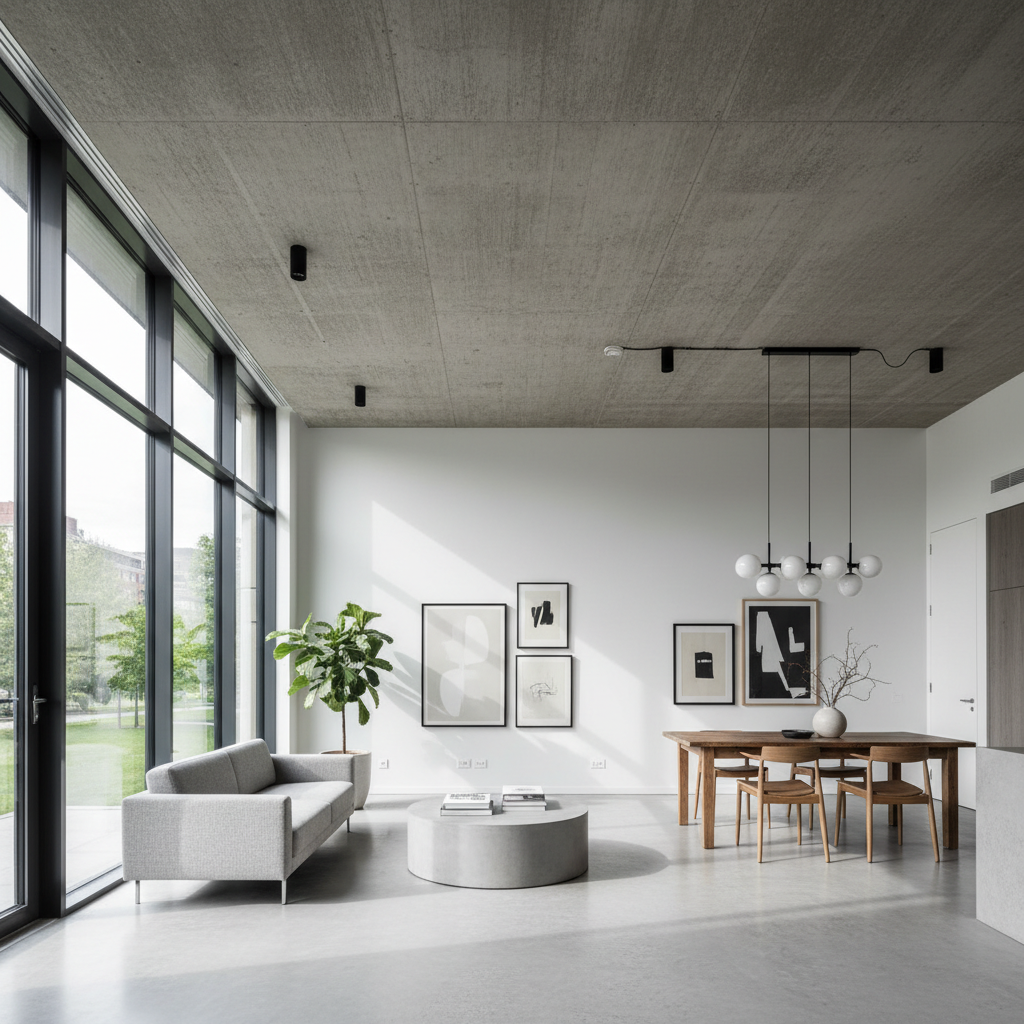 Interior view of minimalist building with exposed concrete ceiling and floor-to-ceiling glass wall