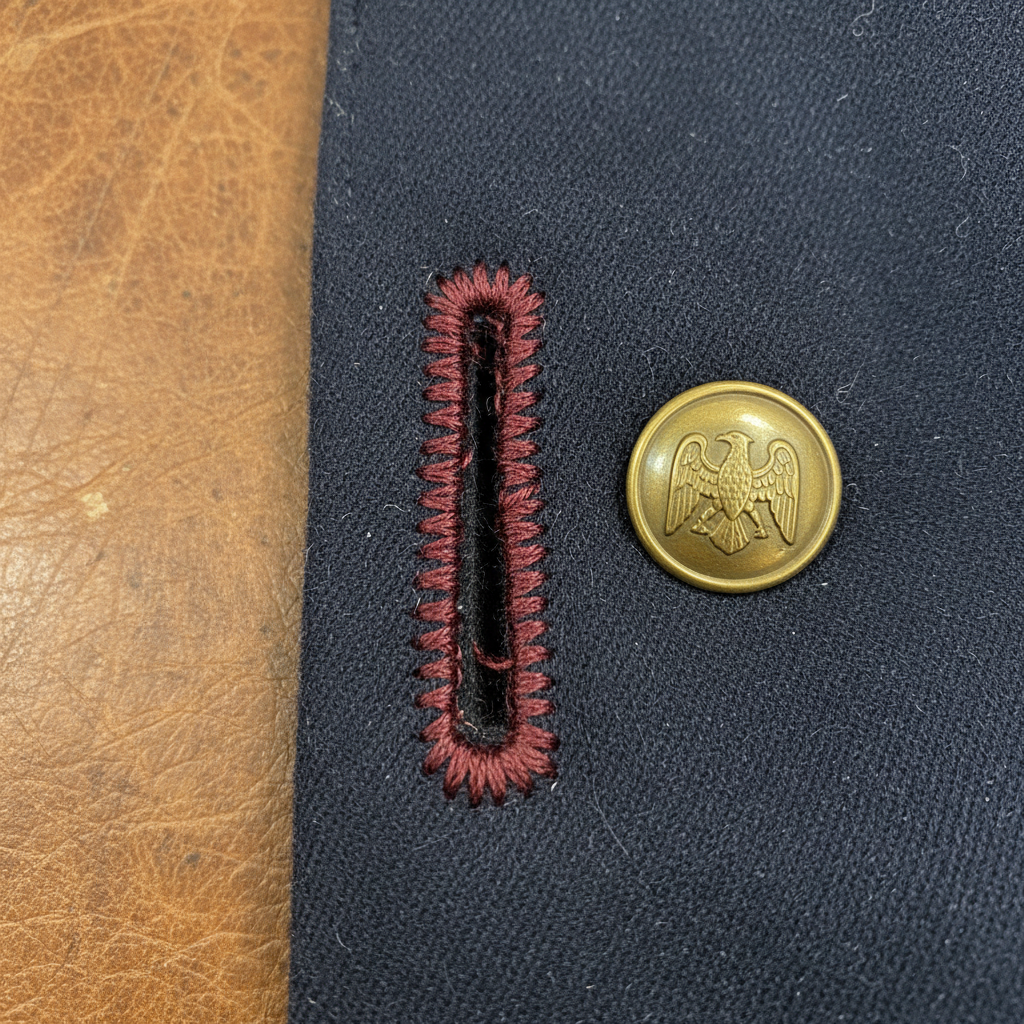Close-up of hand-sewn buttonhole detail on 19th century military jacket reproduction