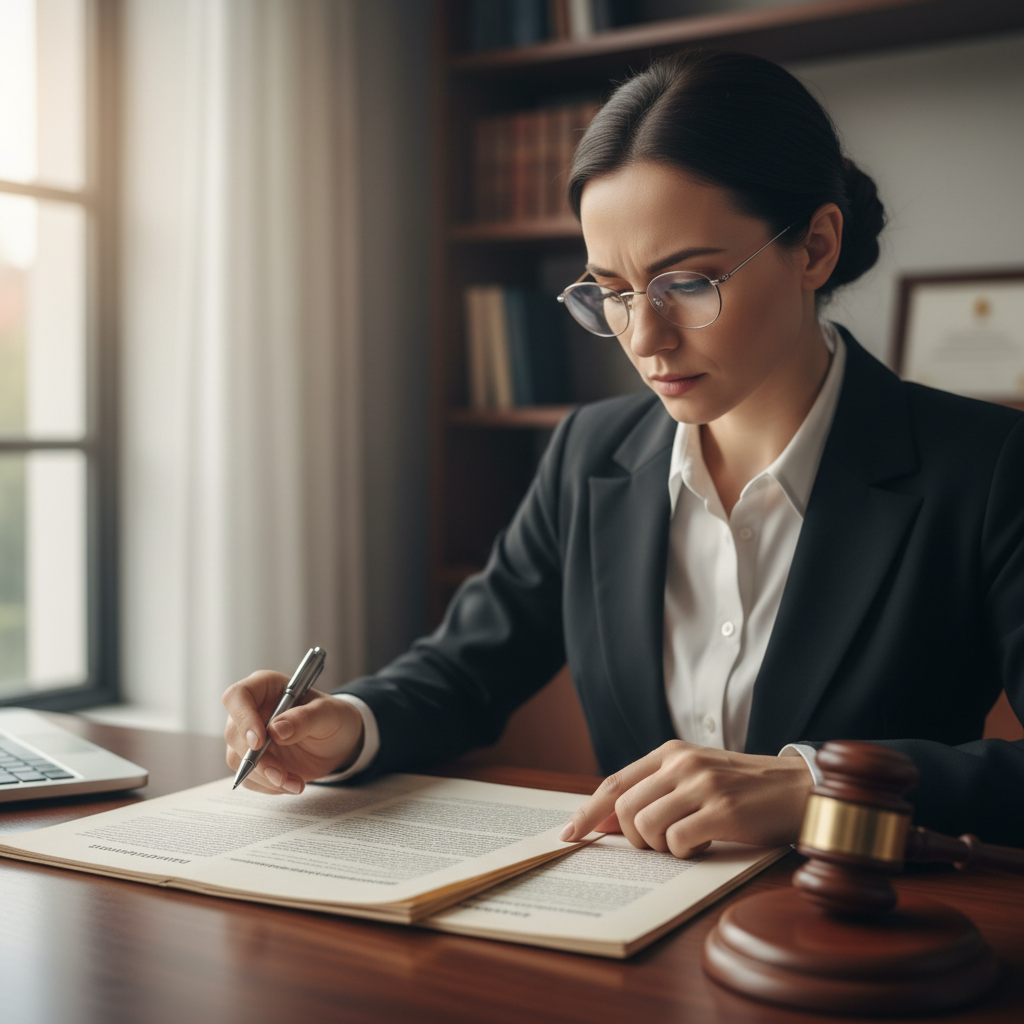 A female lawyer in a professional office reviewing legal documents with a client across the desk