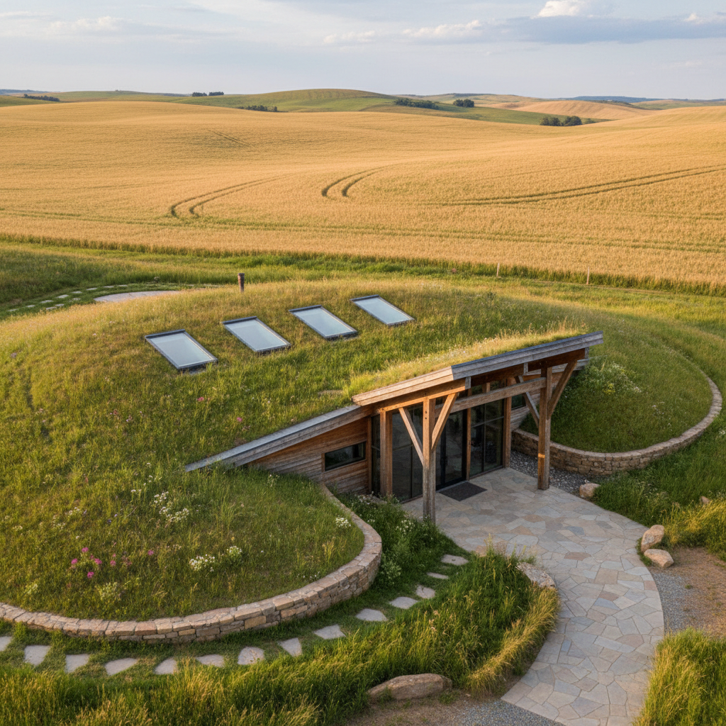 Restored Palouse berm house with three skylights and a modern timber-frame entry visible from the access path