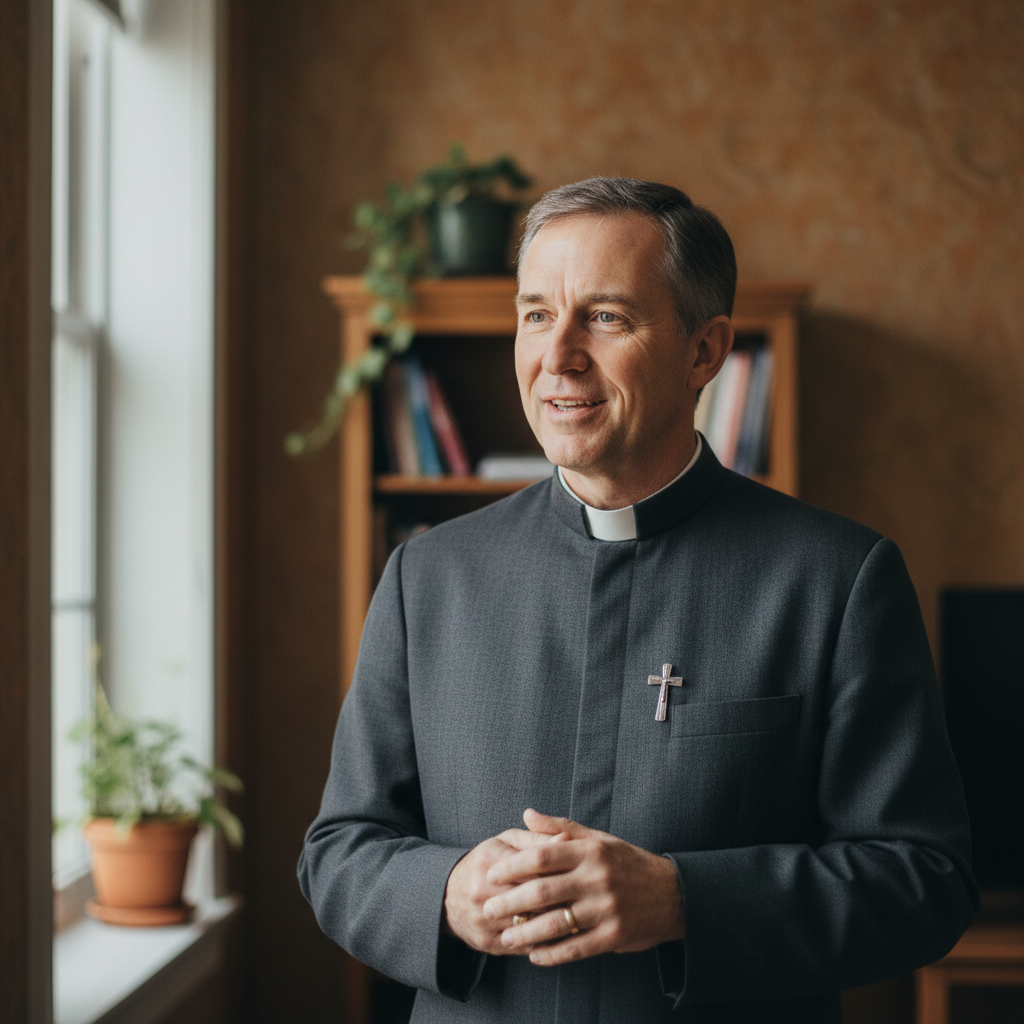 Portrait of a Catholic priest, warm and approachable expression, clerical collar, indoor lighting