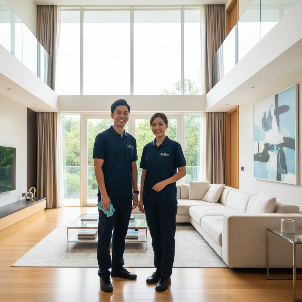 Two cleaners in Spotless navy uniforms standing in a Tseung Kwan O townhouse living room, smiling