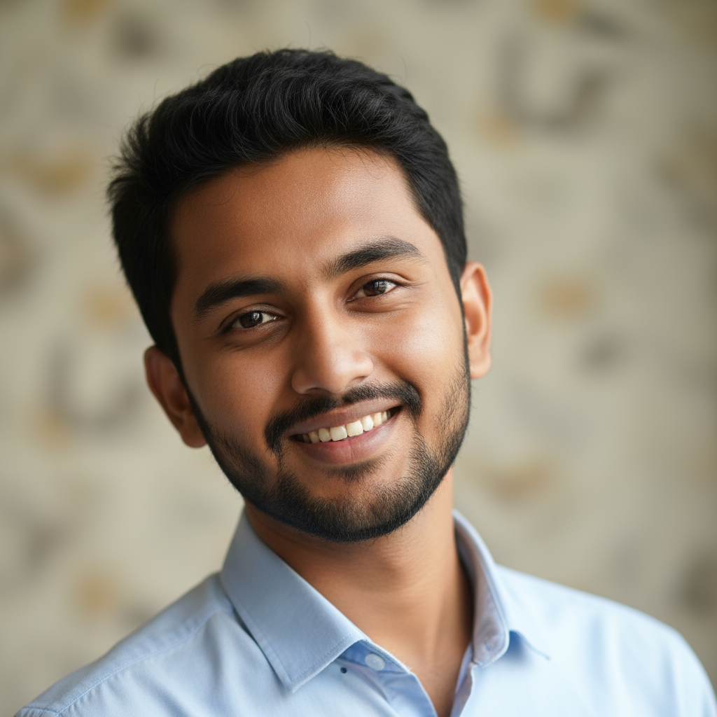 Portrait of a Bangladeshi man in professional attire smiling, clean bright background