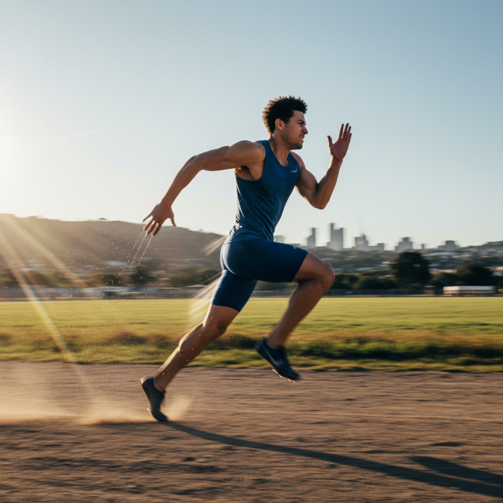 Athletes sprinting on a track with motion blur showing speed