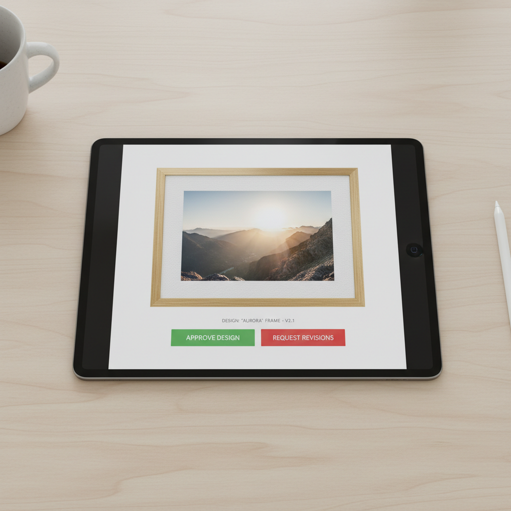 Designer reviewing digital proof of a banner design on a tablet screen with approval button