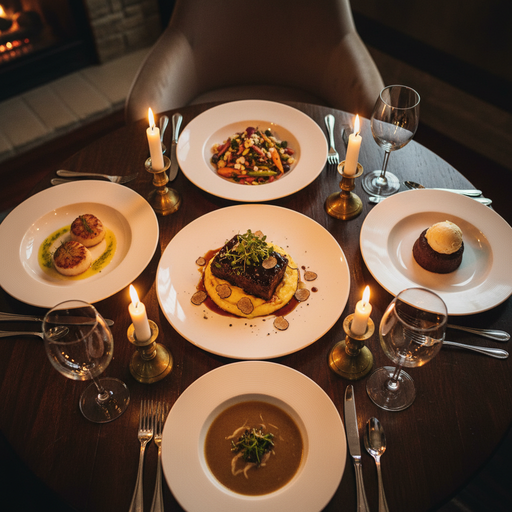 Elegant truffle-infused dish plated with precision on dark slate in warm candlelit dining room