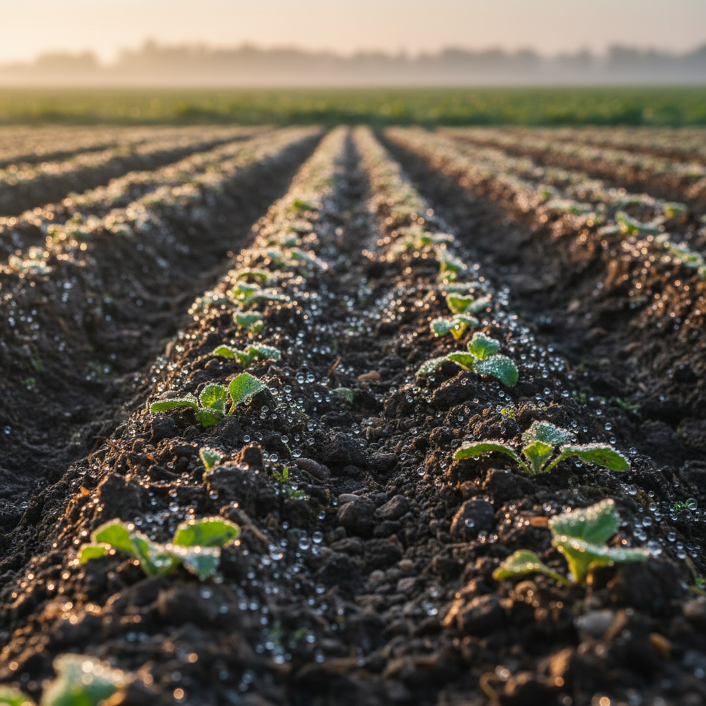 Close-up of vegetable garden rows with morning dew on soil, natural light from the side
