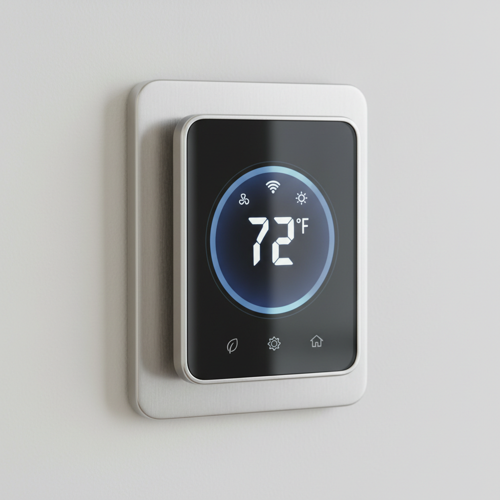 White digital thermostat mounted on a wall, modern home interior