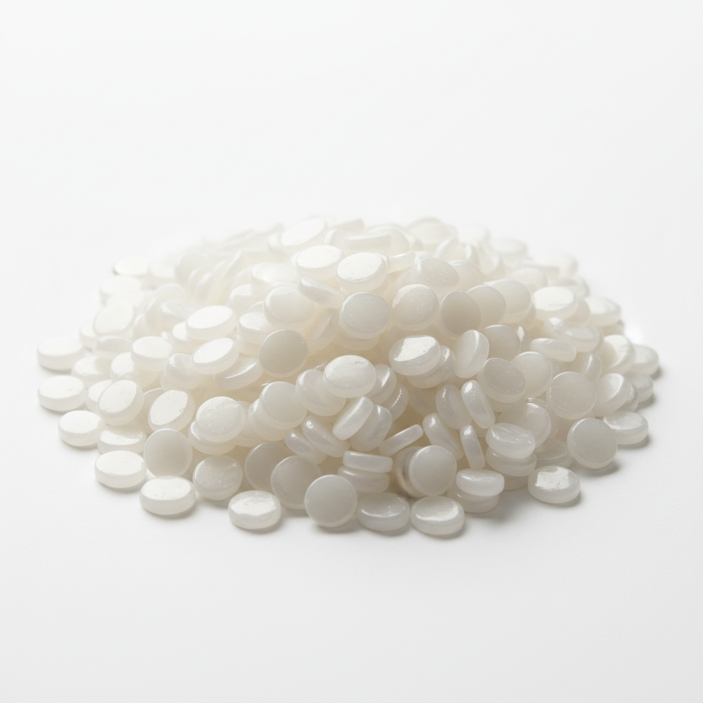 Industrial polymer chips in bright white pile for textile manufacturing