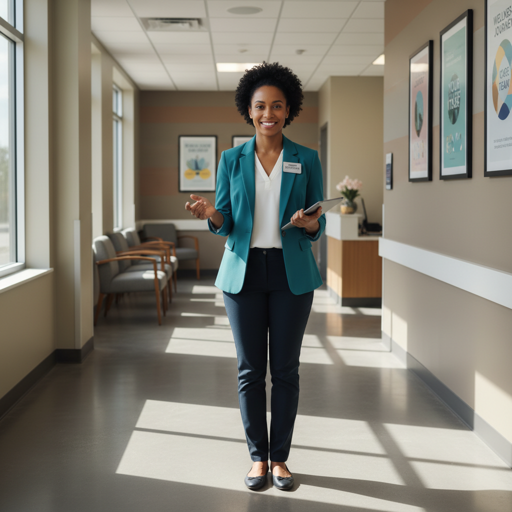 Sofia Reyes, patient navigator with warm smile in clinic hallway setting