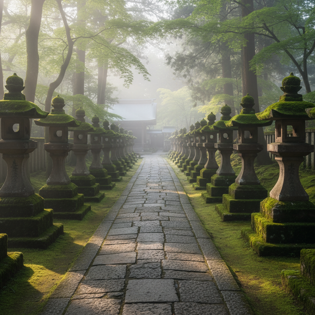 Serene Kyoto temple path lined with bamboo and soft golden light in early morning
