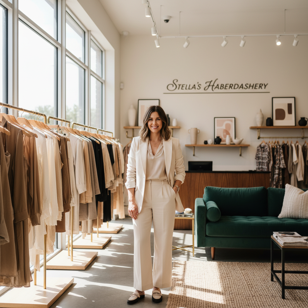 Woman confidently browsing fashion racks in bright boutique, warm sunlight, cream and gold tones throughout