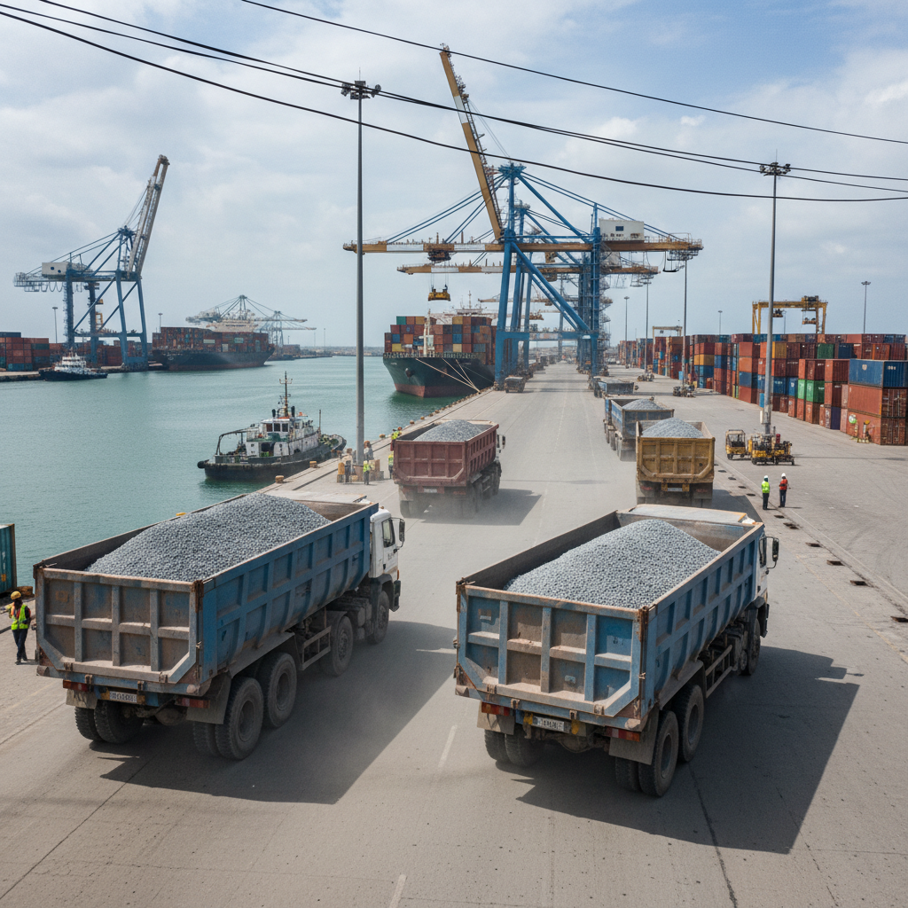 Large cargo trucks loaded with clinker fuel driving through Dar es Salaam port area
