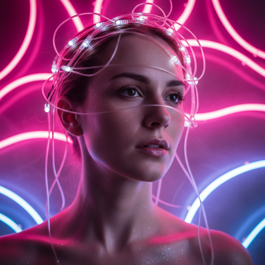 Artist Soo-Yeon Park, sound and light artist, face lit with pink neon glow