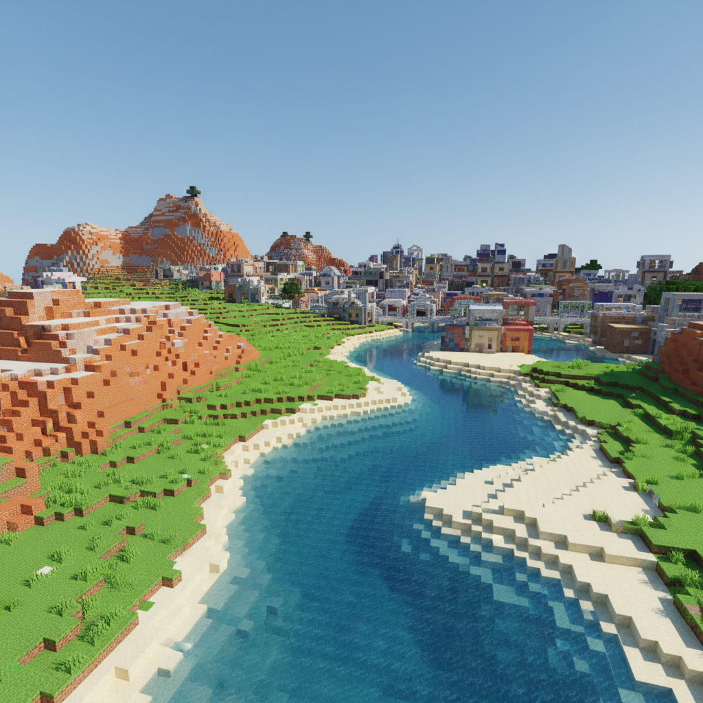 Colorful pixelated game world with trees and blocky terrain
