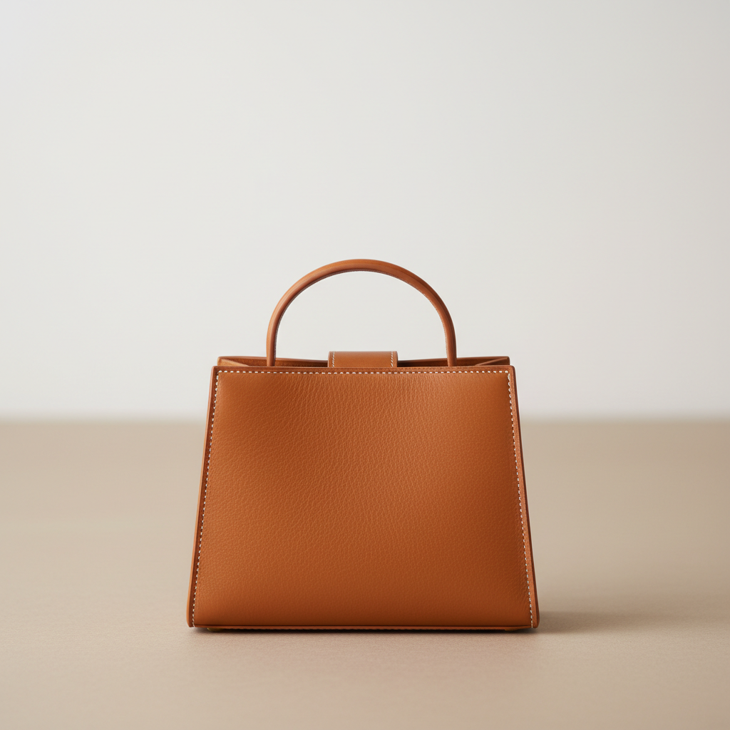 Bolsa shoulder bag de couro legítimo caramelo sobre fundo neutro, estilo minimalista