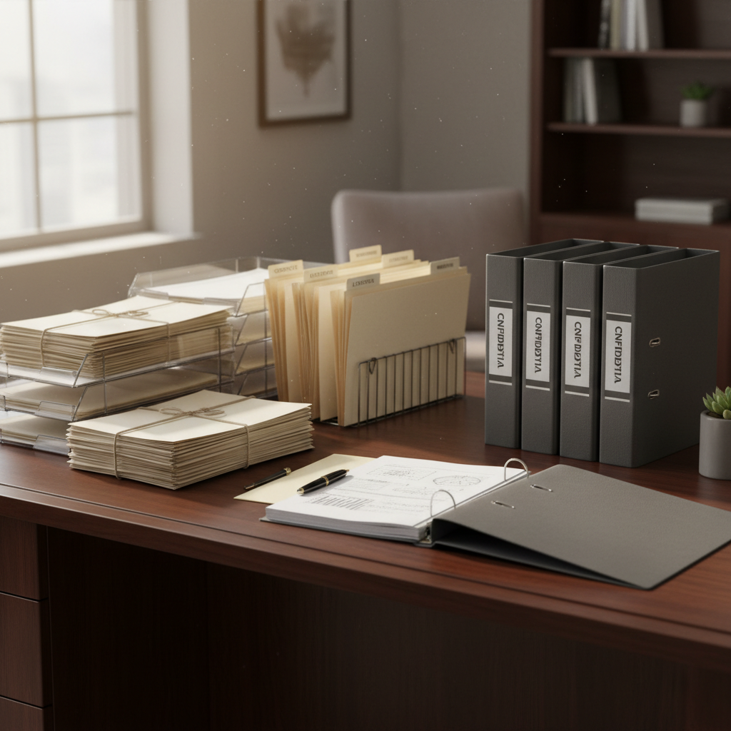 Neatly organized business documents and folders on clean white desk, professional office setting