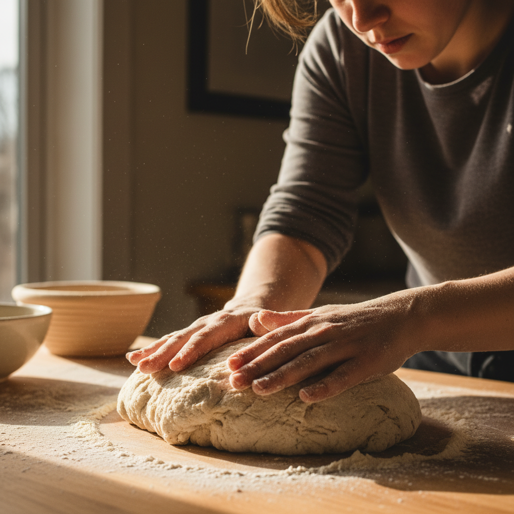 Baker kneading sourdough dough on a floured wooden counter in a warm bakery