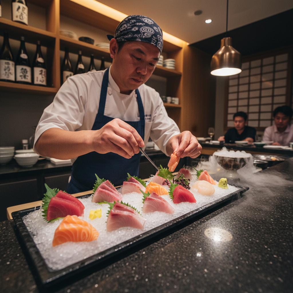 Japanese chef plating sushi in a dimly lit omakase restaurant with dark wood counter
