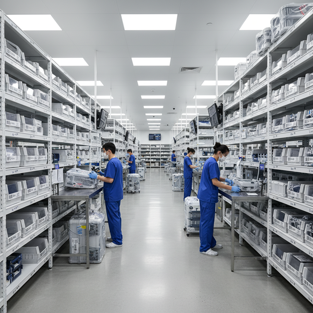 Climate-controlled medical device processing warehouse with labeled shelving, overhead LED panels casting flat light, and technicians performing intake scanning