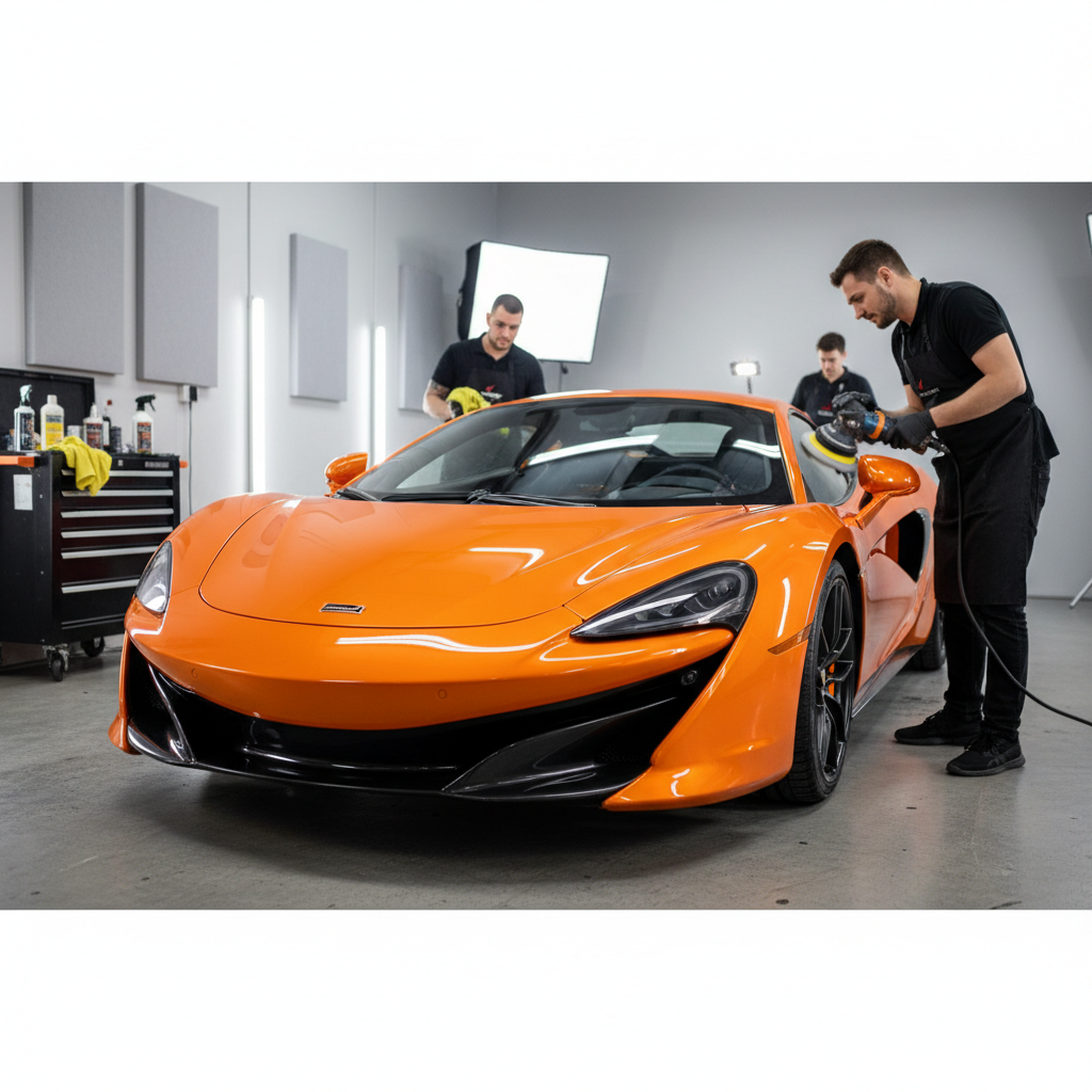 Car being polished with machine polisher, paint correction process