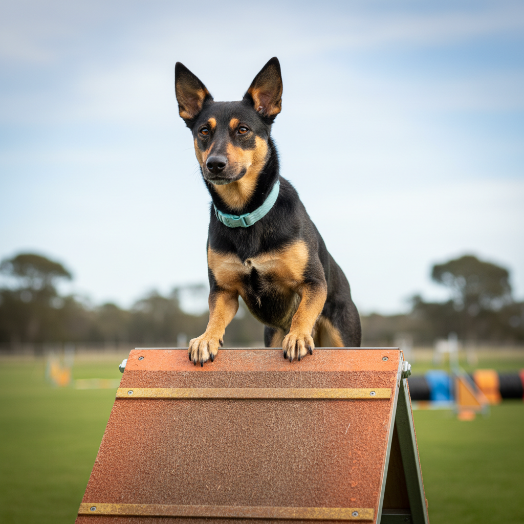 Kelpie mix pausing at the contact zone of an A-frame